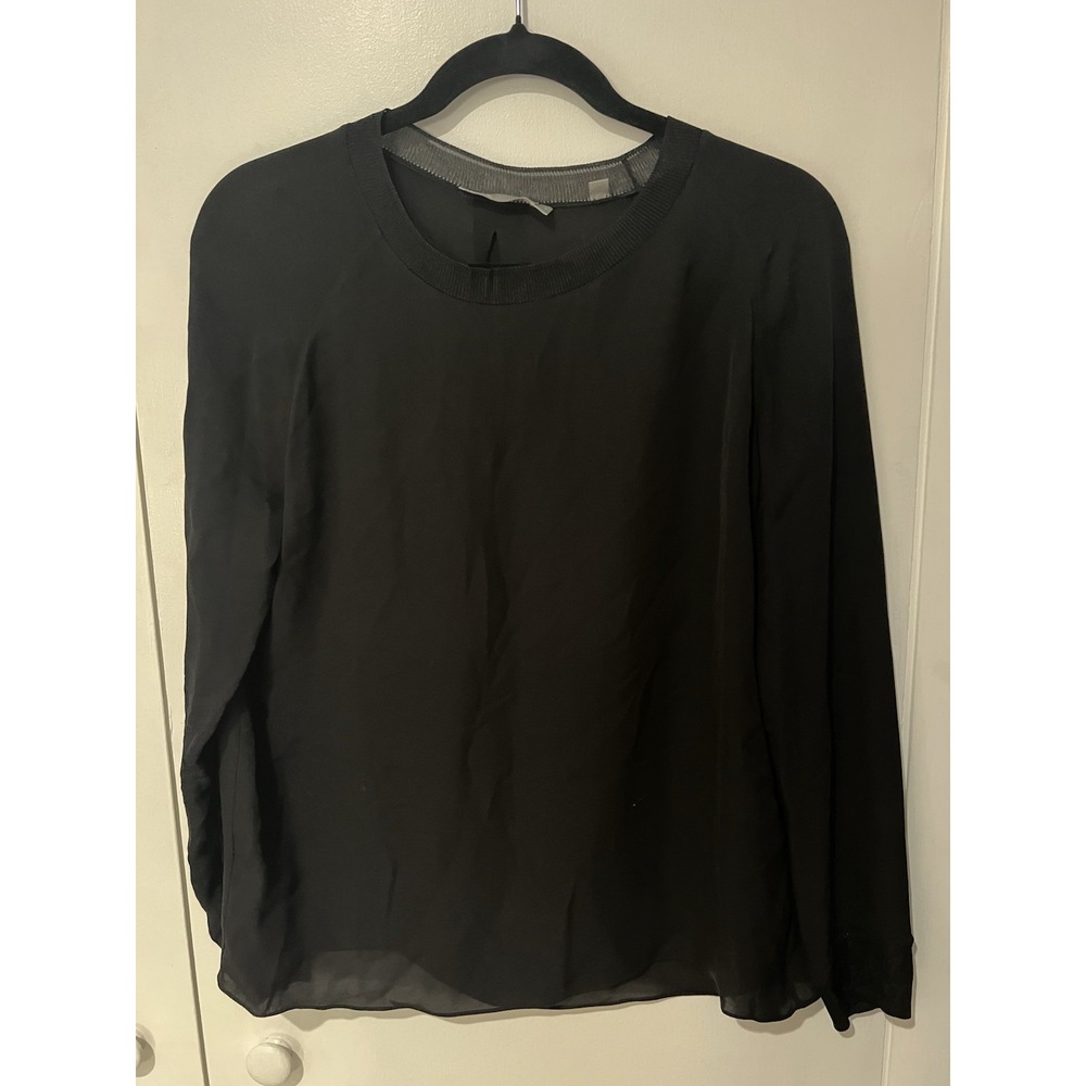 VINCE Women's‎ Size XS Black Rib Knit Trim Silk Chiffon Top Shirt Pullover